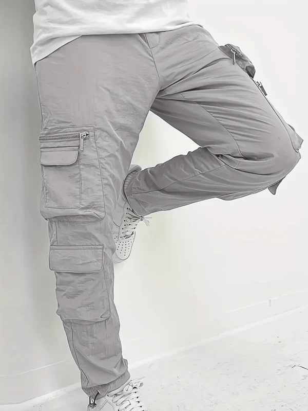Men's Lightweight Slim-Fit Pleated Waterless-Wash Fabric Asymmetric Pocket Design Cargo Pants With Cuff (Black & Light Grey)