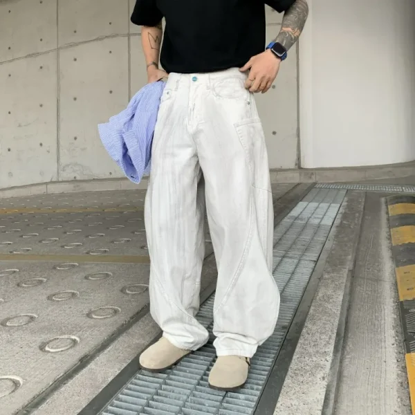 High Street Jeans Trendy Brand American Retro Scimitar Pants Solid Color Loose Straight Wide Legs Floating Long Pants Pink Blue - Image 4