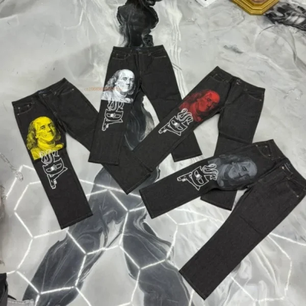 Black Straight Jeans Men Women Ins New Net Red Design Personality Printing Wide Leg Pants Winter Loose High Street Casual Jeans - Image 4