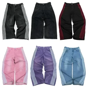 Y2K men Jeans Harajuku clothes Striped Embroidered high quality fashion streetwear men women Baggy Casual Hip Hop wide leg jeans