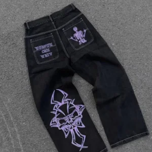 Y2K Jeans Mens Hip Hop Retro Skull Embroidery Washed Baggy Denim Pants New Straight Casual Loose Wide Leg Trouser Streetwear