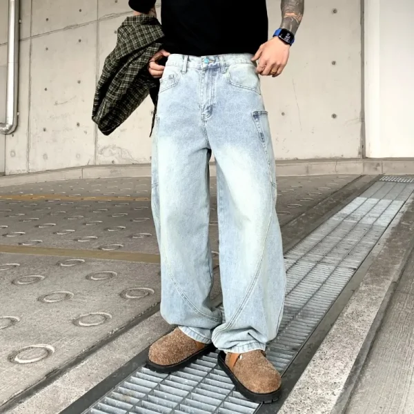 High Street Jeans Trendy Brand American Retro Scimitar Pants Solid Color Loose Straight Wide Legs Floating Long Pants Pink Blue - Image 2
