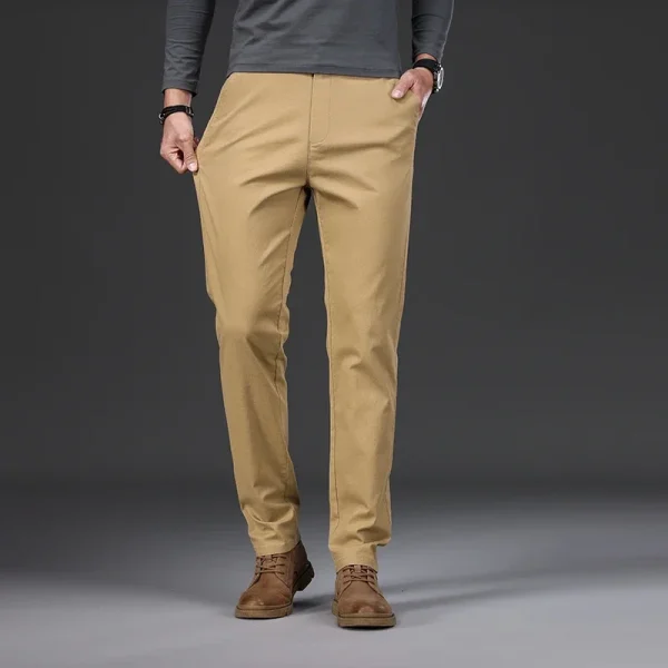 97% Cotton Men's Casual Pants Autumn Fashion Comfortable Elastic Slim Straight Business Trousers Black ArmyGreen Khaki - Image 3