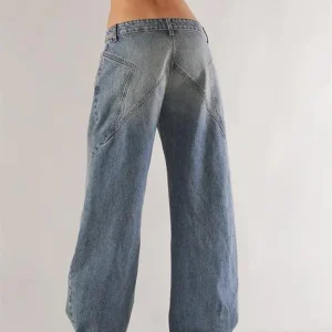 Women's Jeans with Pockets Fashion Loose Fit Casual Solid Low Rise Wide Leg Denim Pants