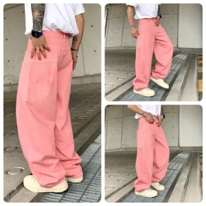 High Street Jeans Trendy Brand American Retro Scimitar Pants Solid Color Loose Straight Wide Legs Floating Long Pants Pink Blue
