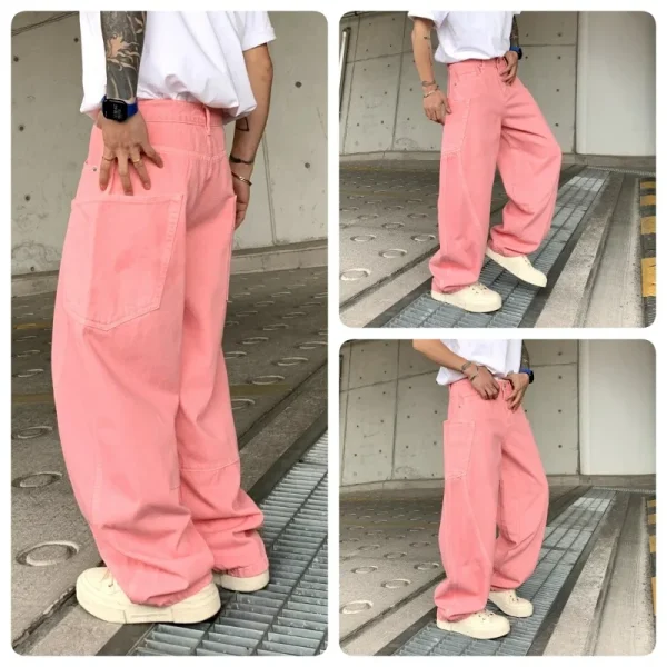 High Street Jeans Trendy Brand American Retro Scimitar Pants Solid Color Loose Straight Wide Legs Floating Long Pants Pink Blue