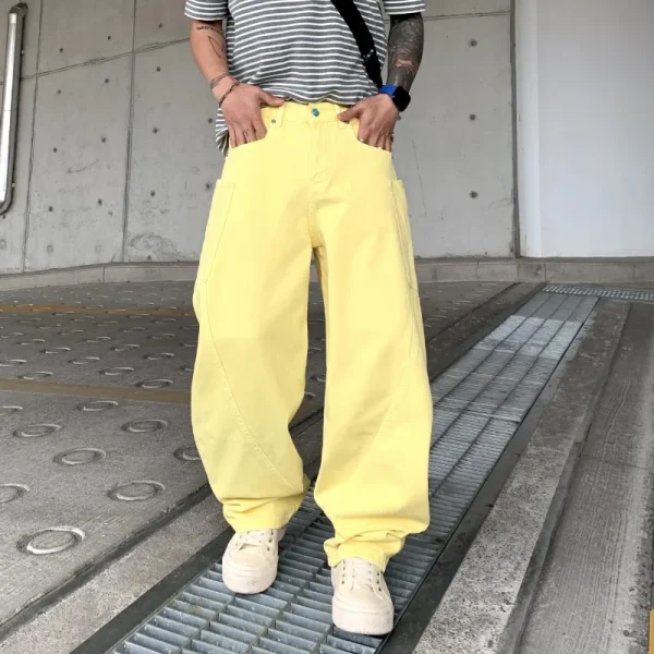 High Street Jeans Trendy Brand American Retro Scimitar Pants Solid Color Loose Straight Wide Legs Floating Long Pants Pink Blue - Image 3