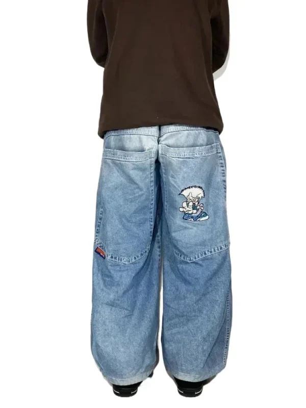 Japanese Kawaii Cartoon Characters Embroidered Light Blue Washed Baggy Jeans Y2K Harajuku Gothic Skateboard Pants Street Clothes - Image 5