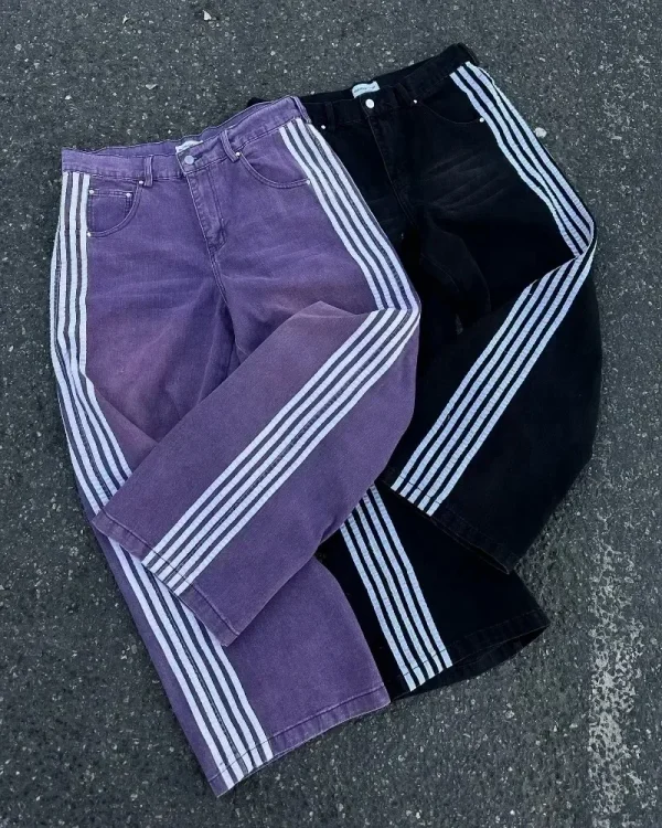 Y2K men Jeans Harajuku clothes Striped Embroidered high quality fashion streetwear men women Baggy Casual Hip Hop wide leg jeans - Image 4