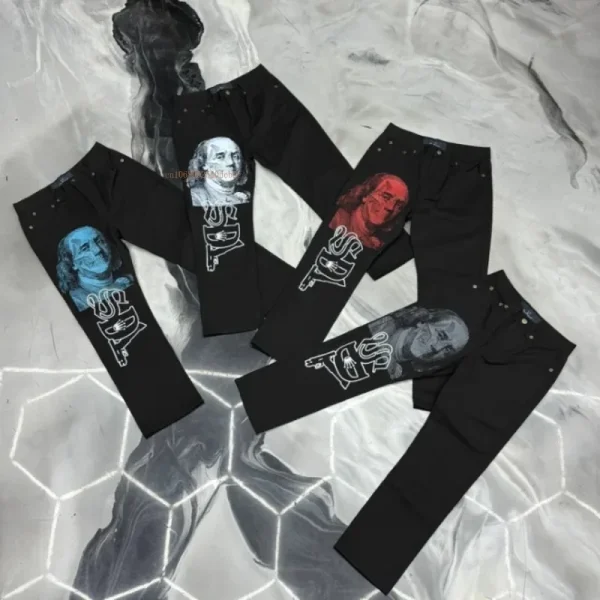 Black Straight Jeans Men Women Ins New Net Red Design Personality Printing Wide Leg Pants Winter Loose High Street Casual Jeans - Image 5